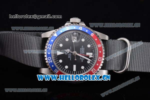 Rolex GMT-Master Asia 2813 Automatic Steel Case with Black Dial Grey Nylon Strap and Blue/Red Bezel - Click Image to Close